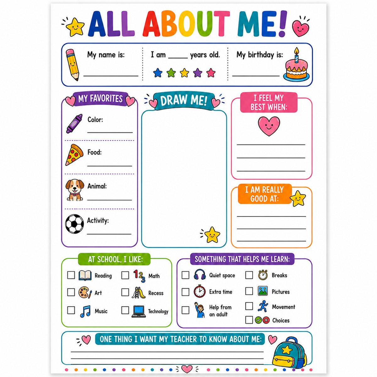 All About Me Worksheet for Back to School