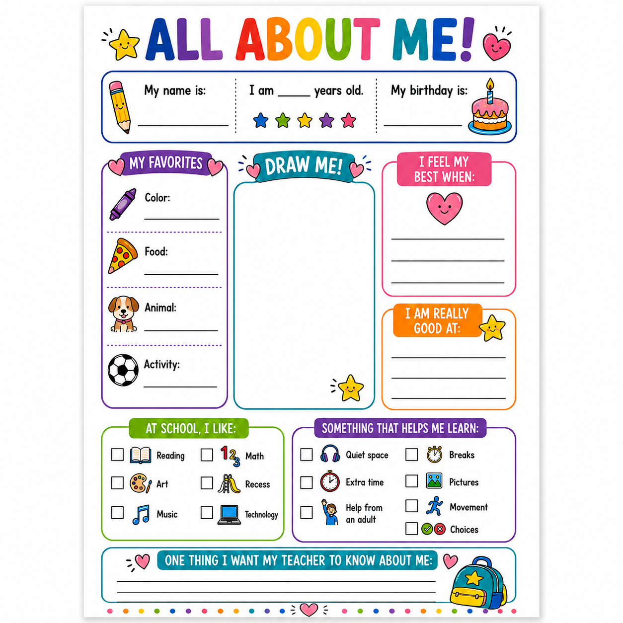 All About Me Worksheet for Back to School | Speech Fuel
