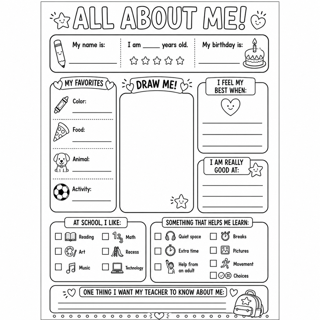 All About Me Worksheet for Back to School | Speech Fuel